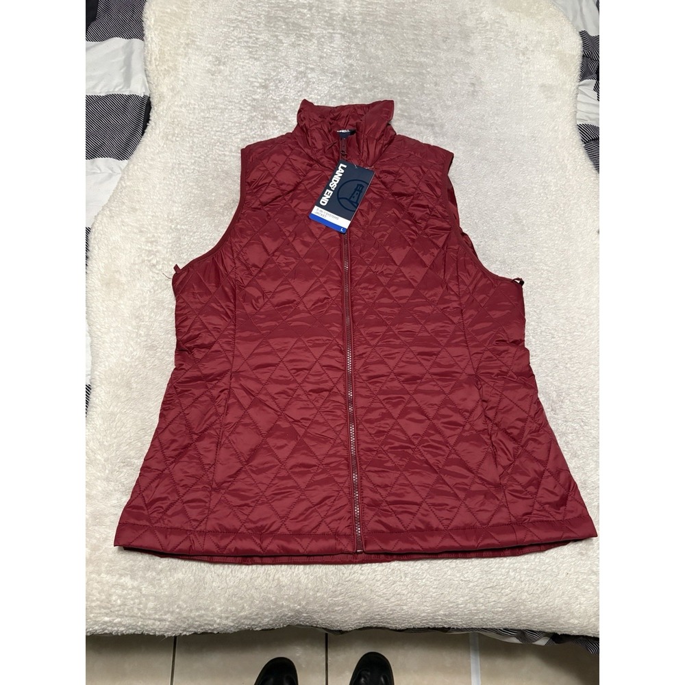 New Lands End Quilted Burgundy Down filled Puffer Vest Size Large Full Zip